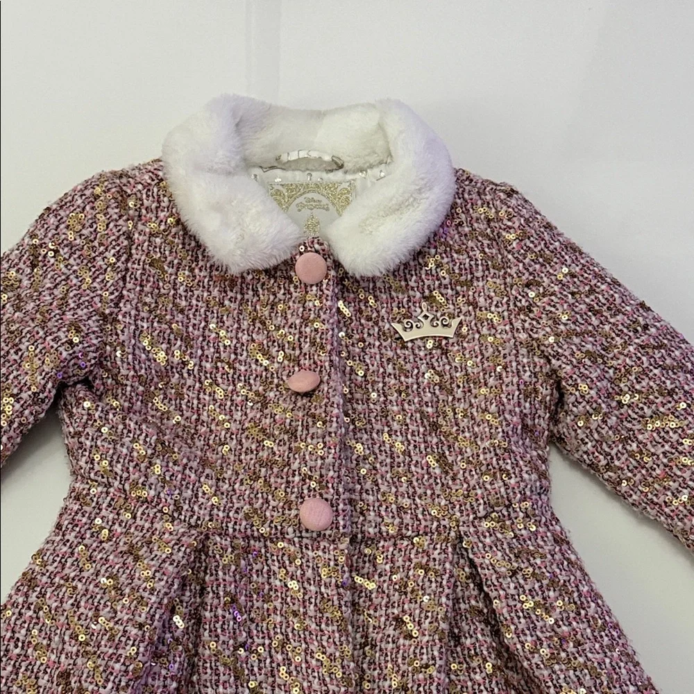 Disney Princess Tweed Coat Girls 5/5 Pink Sequins Faux Fur Dress-up Fairytale
